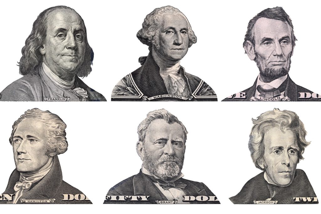 George Washington, Benjamin Franklin, Abraham Lincoln, Alexander Hamilton, Andrew Jackson, Ulysses Grant faces from US dollar bills isolated, United States presidents, money closeup