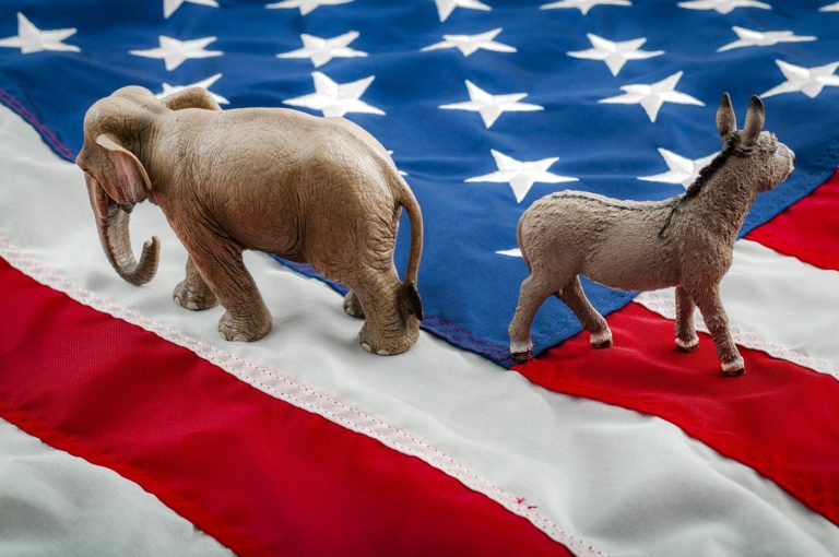 Elephant and Donkey on US flag
