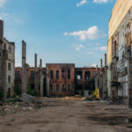 Decaying city with crumbling buildings