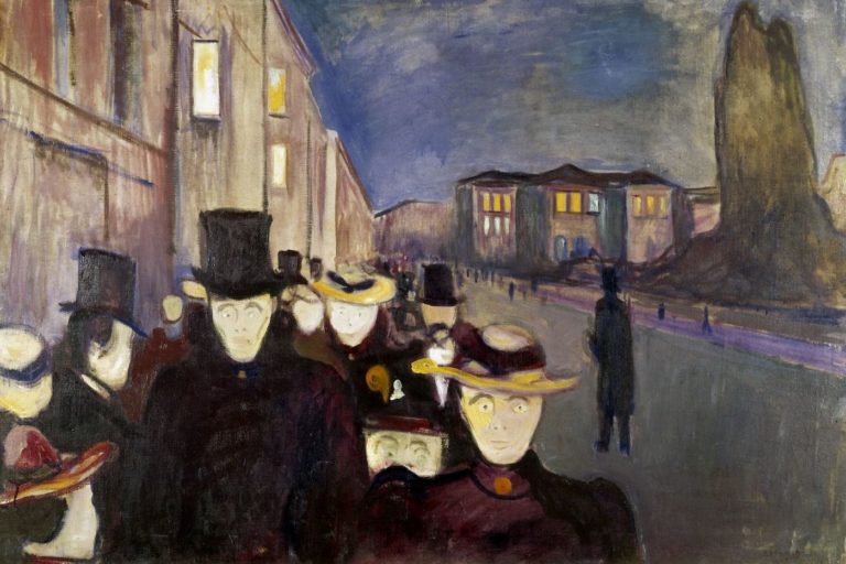 Edvard Munch painting, "evening on Carl Johan Street"