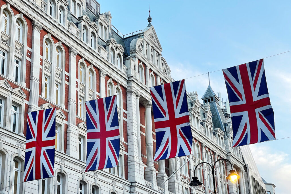 Regent Street with Union Jack Flags in London, United Kingdom UK