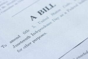 Closeup of the document of Juneteenth National Independence Day Act. Juneteenth is a holiday celebrating the emancipation of those who had been enslaved in the United States.