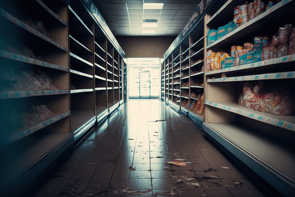 Illustration, a dirty supermarket aisle, with empty and abandoned shelves. Ai generated.