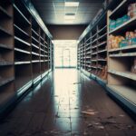 Illustration, a dirty supermarket aisle, with empty and abandoned shelves. Ai generated.