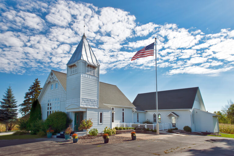 Rural Church with American Flag