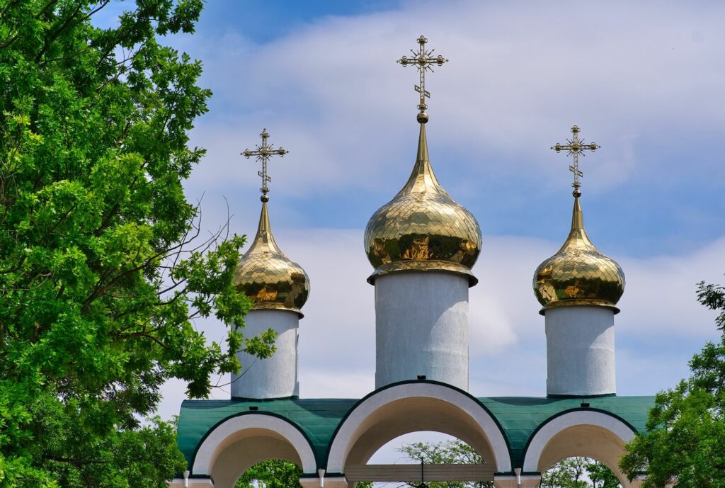 Three golden domes of a Russian orthodox Christian church